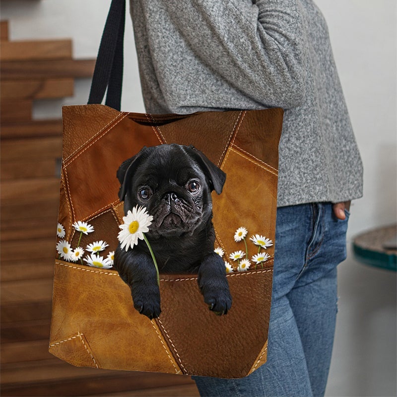 Black Pug Holding Daisy  All Over Printed Tote Bag