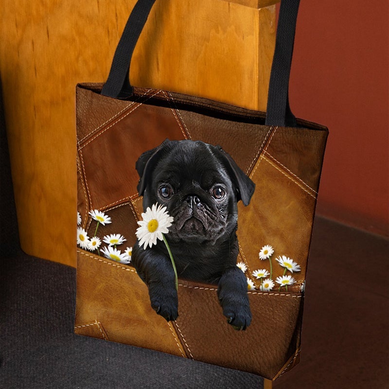 Black Pug Holding Daisy  All Over Printed Tote Bag