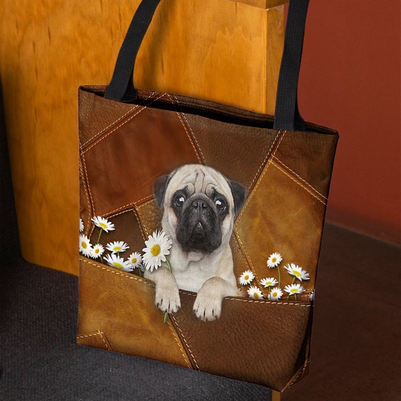 Pug Holding Daisy  All Over Printed Tote Bag