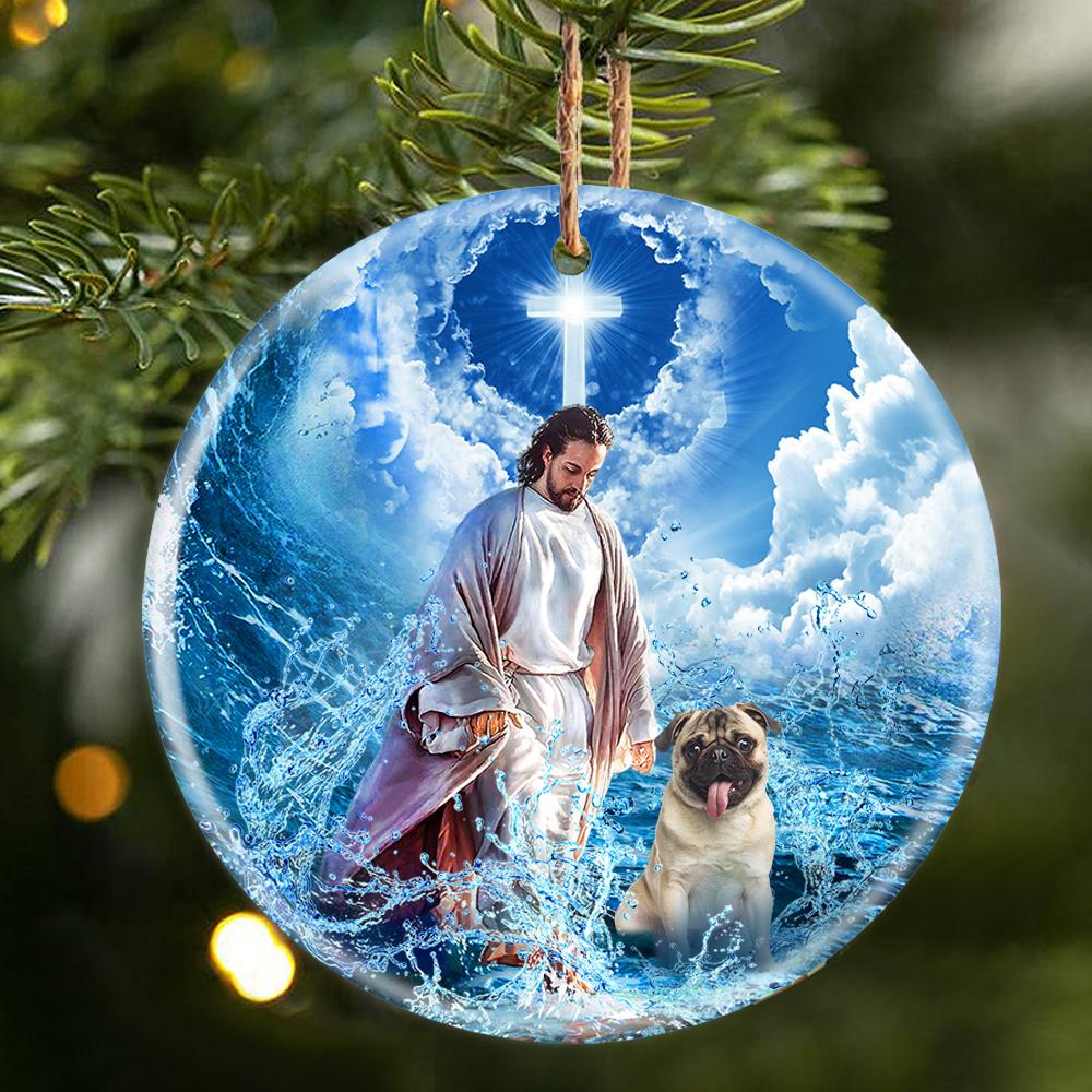 Pug And God Walking On The Ocean Wave Porcelain/Ceramic Ornament