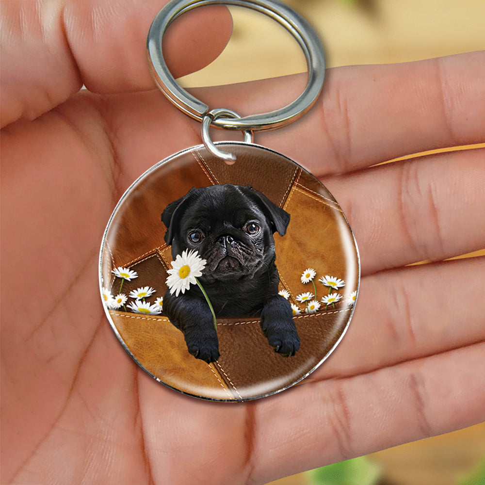 Pug Holding Daisy-Round Resin Epoxy Metal Keychain