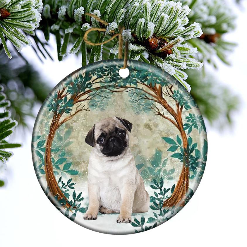 Pug Among Forest Porcelain/Ceramic Ornament