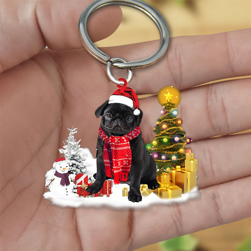 Black Pug Early Merry Christma Acrylic Keychain