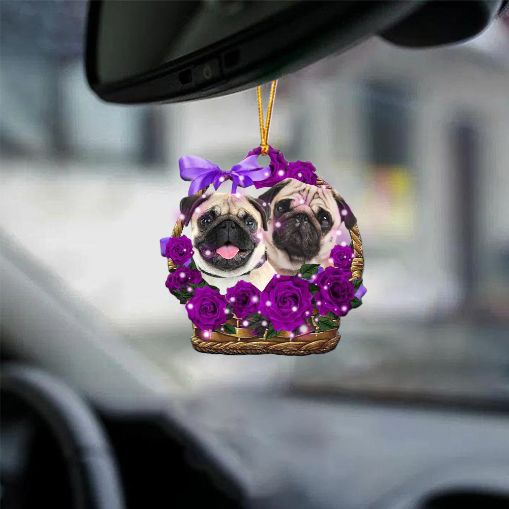 Pug Purple Rose Wicker Basket Car Hanging Ornament