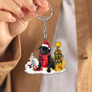 Black Pug Early Merry Christma Acrylic Keychain