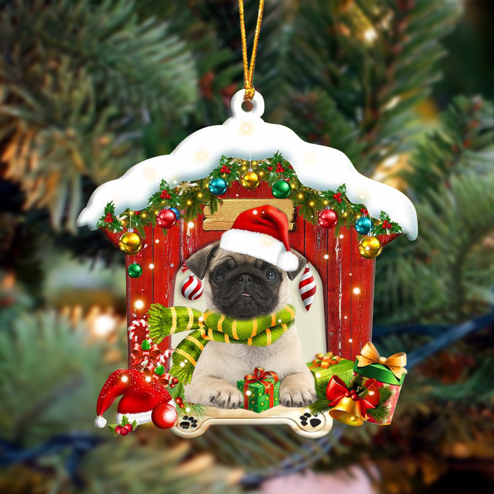 Pug In Red Wood House Christmas Ornament