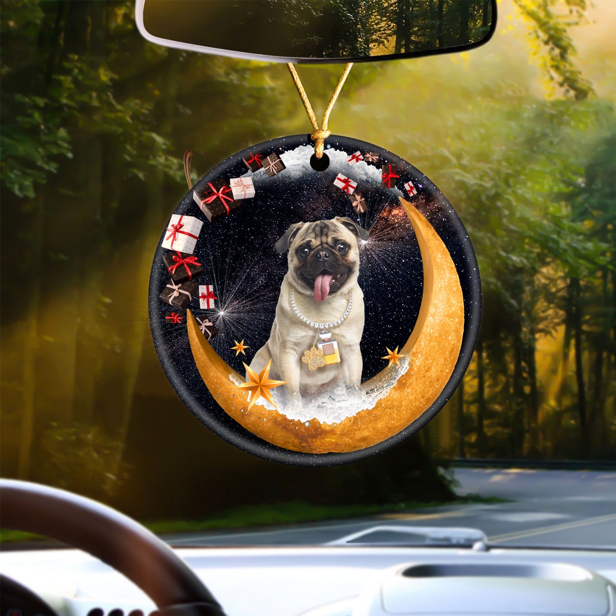 Pug Fashion Moon Car Hanging Ceramic Ornament