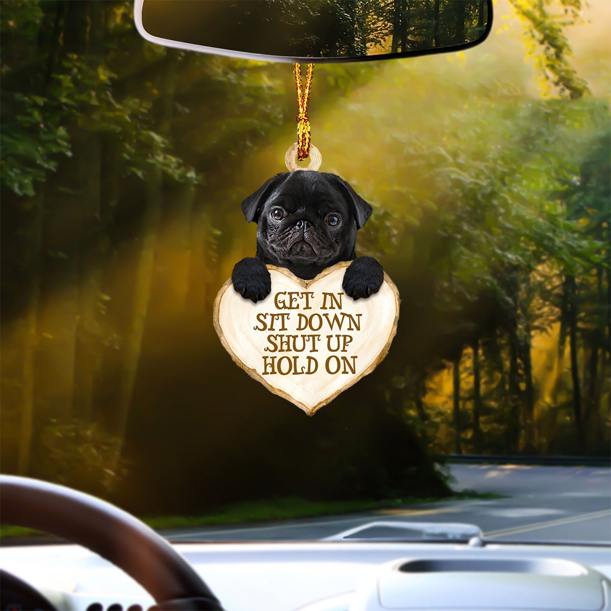 Black Pug Heart Shape Get In Car Hanging Ornament