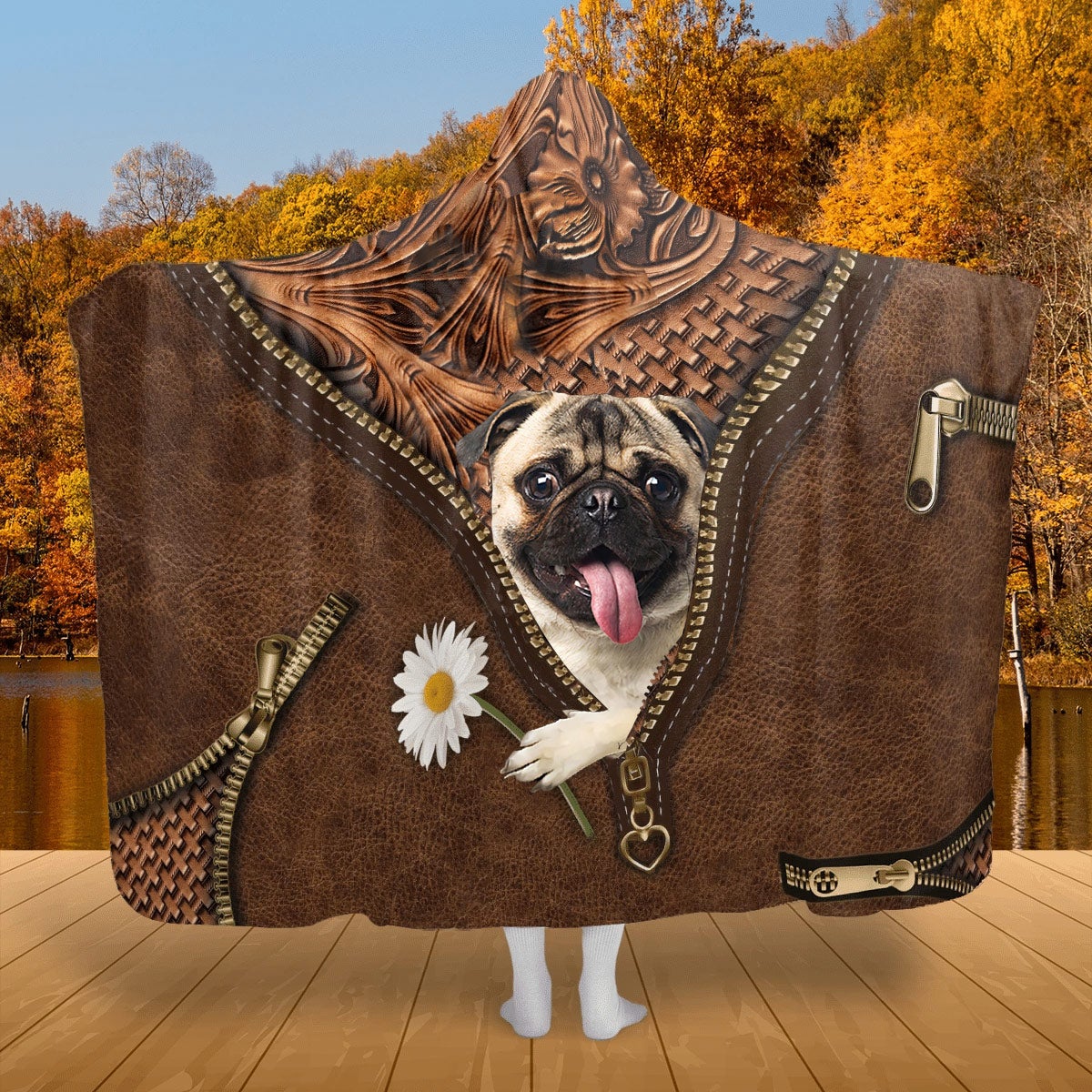 Pug Holding Daisy Hooded Blanket