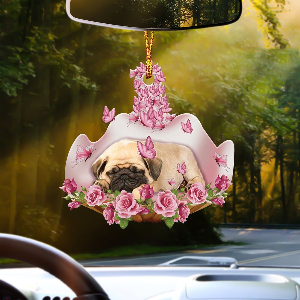 Pug Sleeping In Rose Garden Car Hanging Ornament