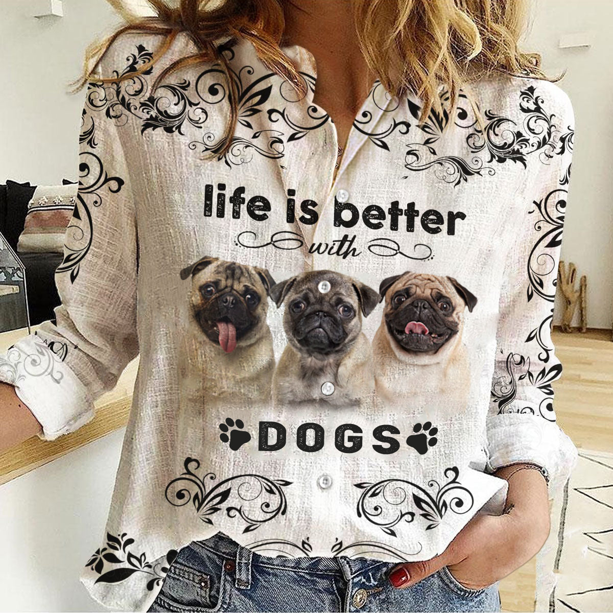 Pug -Life Is Better With Dogs Women's Long-Sleeve Shirt