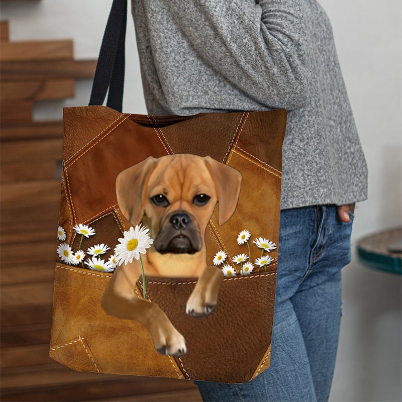 Puggle Holding Daisy All Over Printed Tote Bag