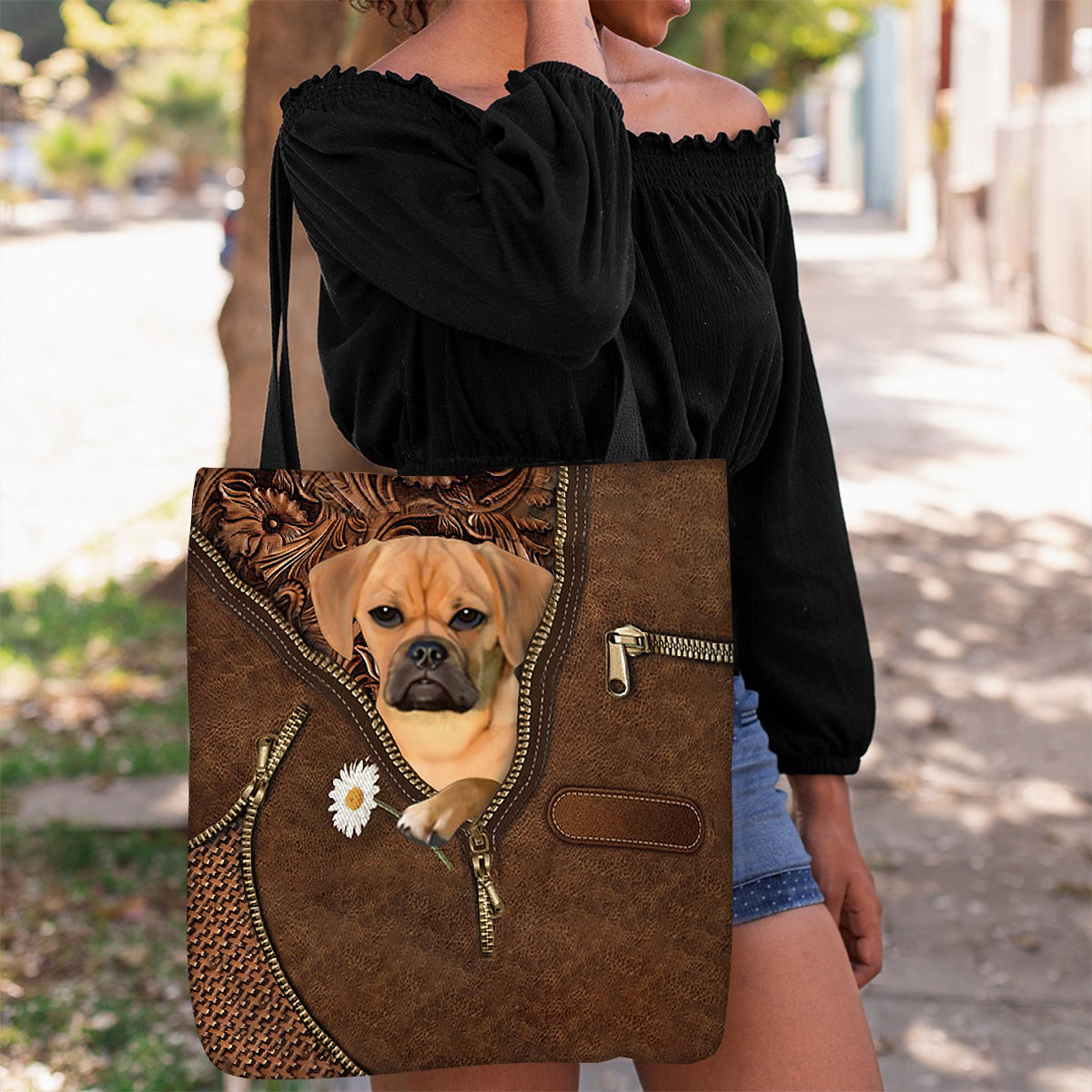 Puggle1 Holding Daisy Tote Bag