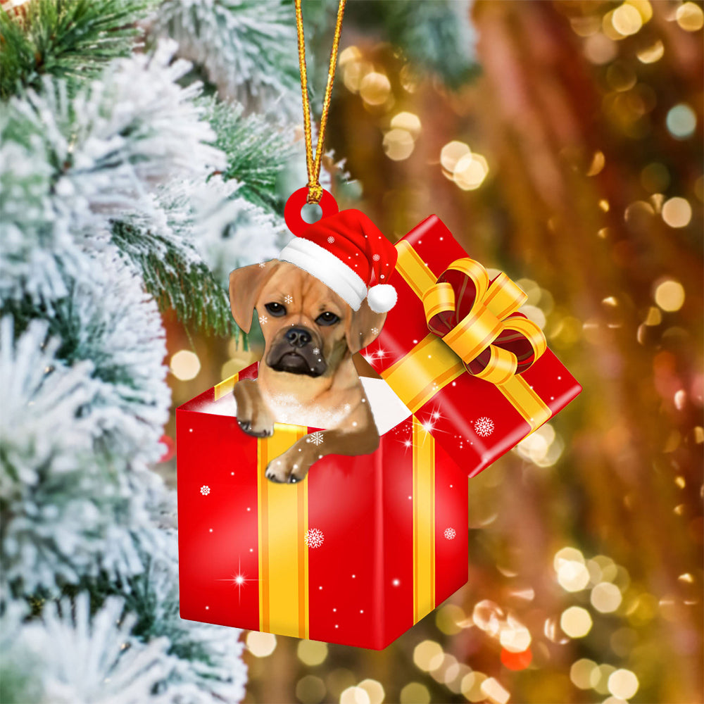 Puggle In Red Gift Box Christmas Ornament