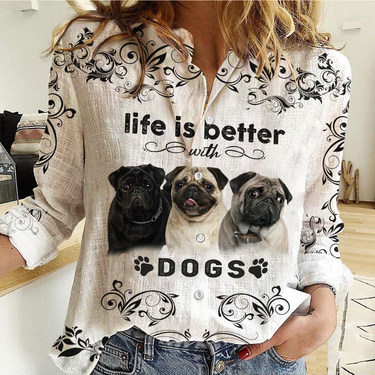 Pugs-Life Is Better With Dogs Women's Long-Sleeve Shirt