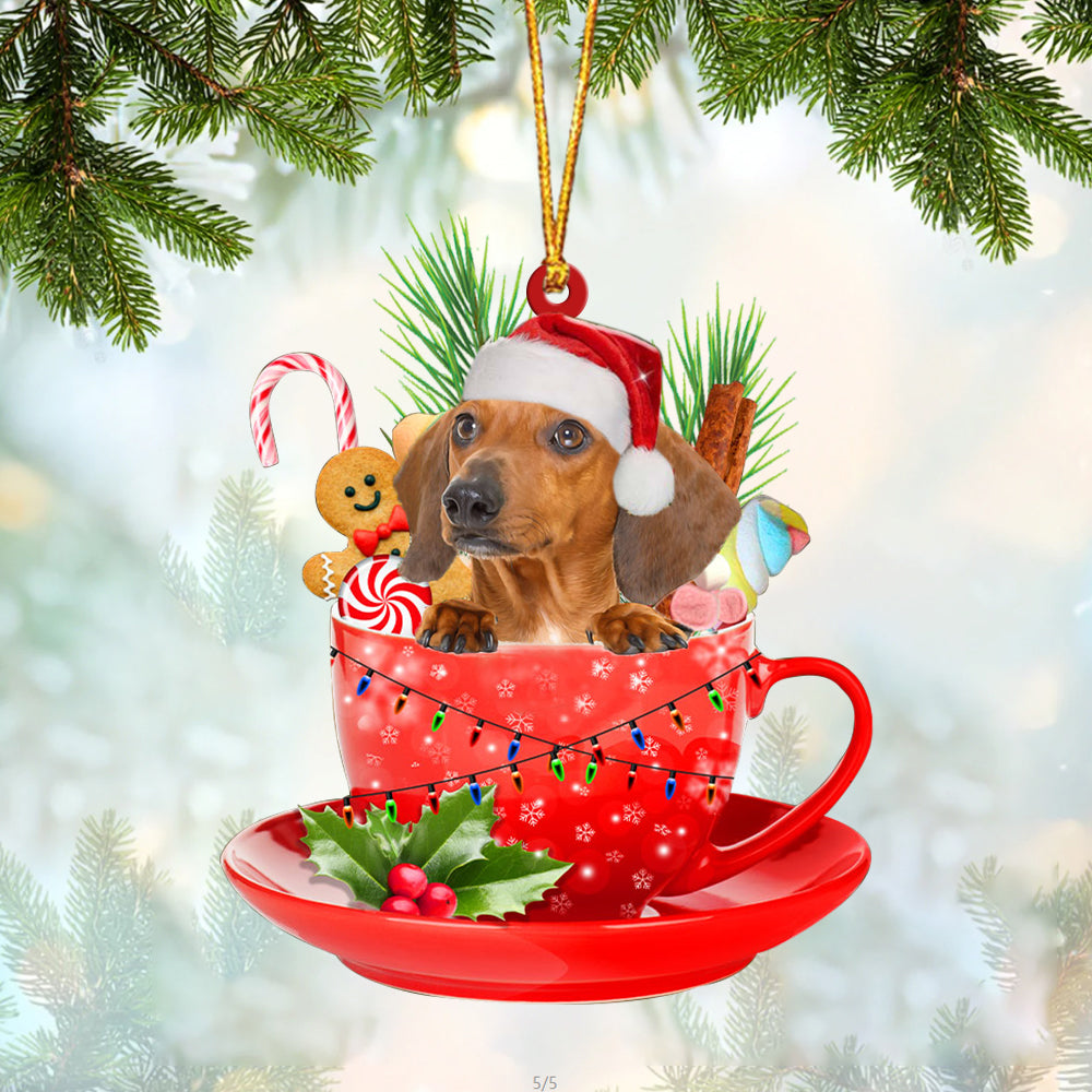 RED Dachshund In Cup Merry Christmas Ornament