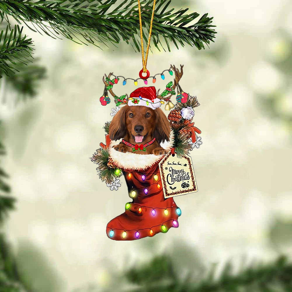 RED LONG HAIRED Dachshund In Red Boot Christmas Ornament