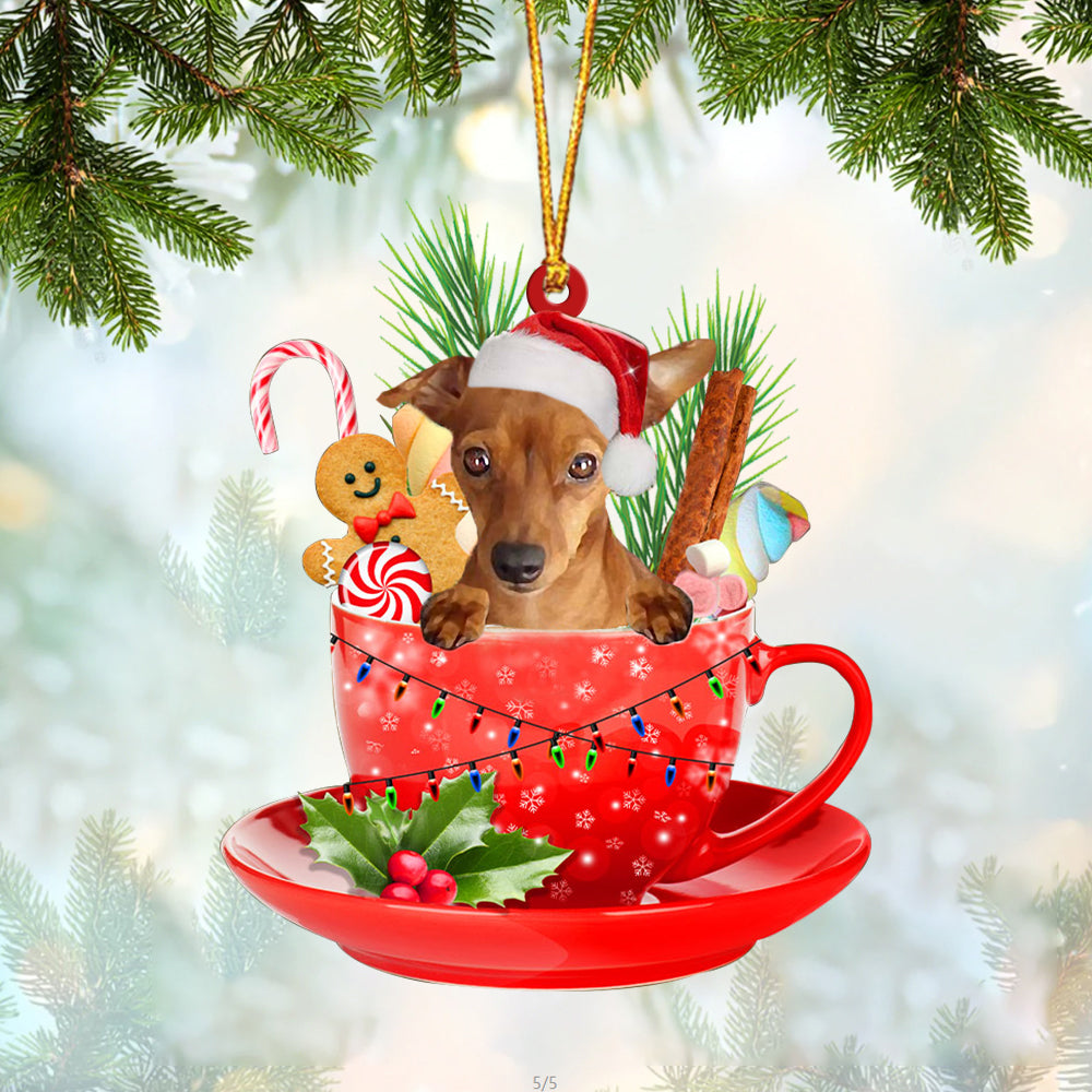 RED Miniature Pinscher In Cup Merry Christmas Ornament