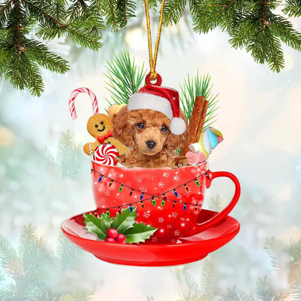 RED Toy Poodle In Cup Merry Christmas Ornament