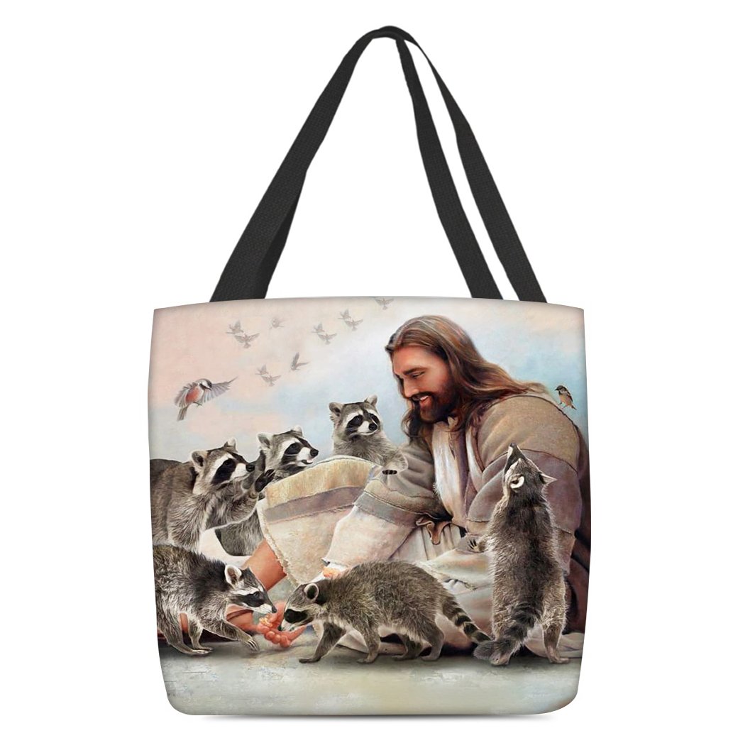 Jesus Surrounded By Raccoons Tote Bag