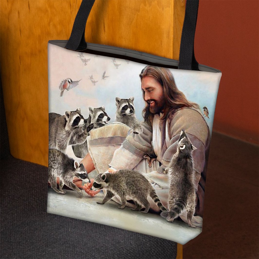 Jesus Surrounded By Raccoons Tote Bag