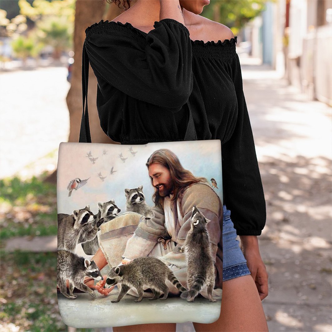 Jesus Surrounded By Raccoons Tote Bag