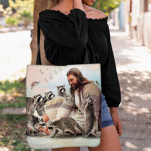 Jesus Surrounded By Raccoons Tote Bag