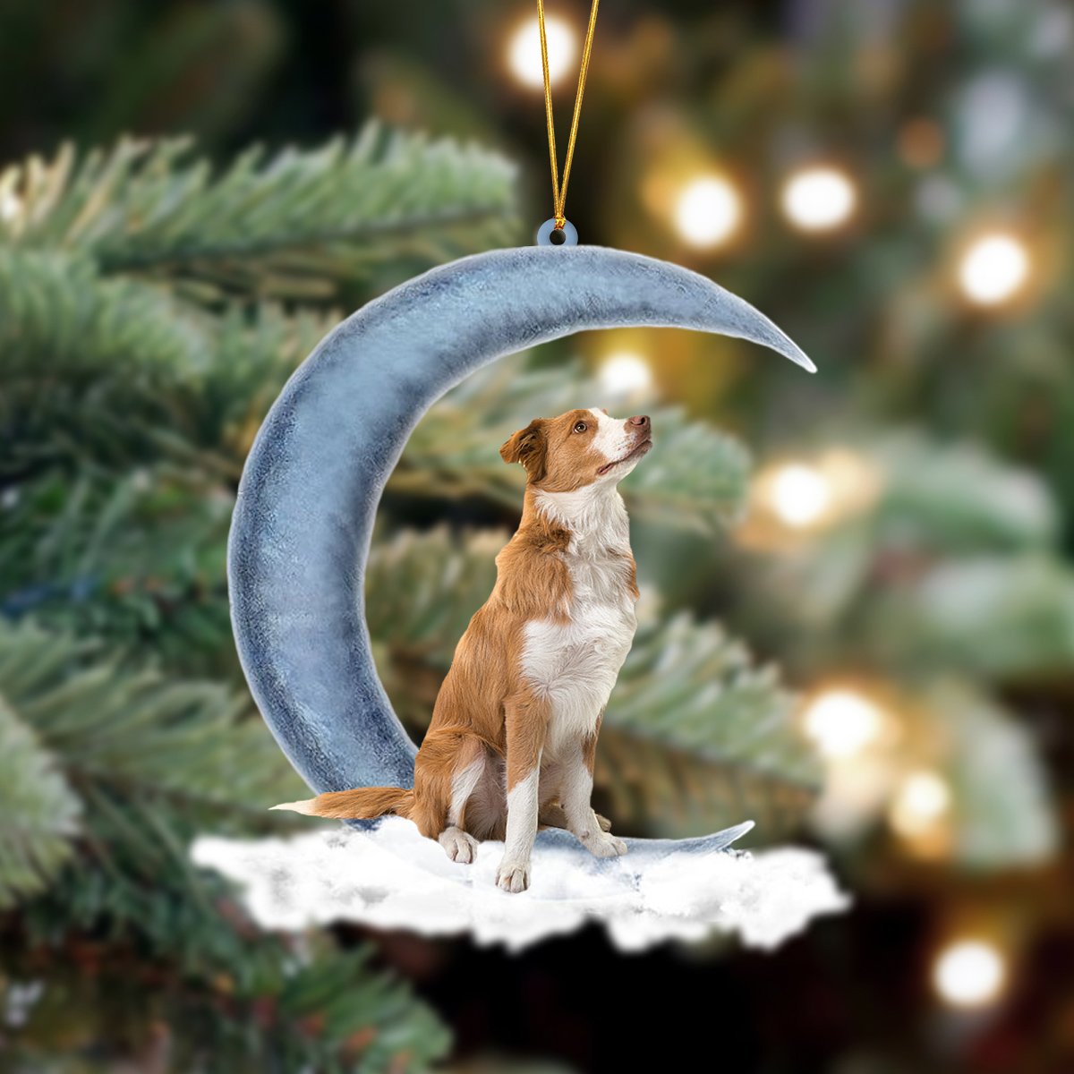 Red Border Collie Sits On The Moon Hanging Ornament