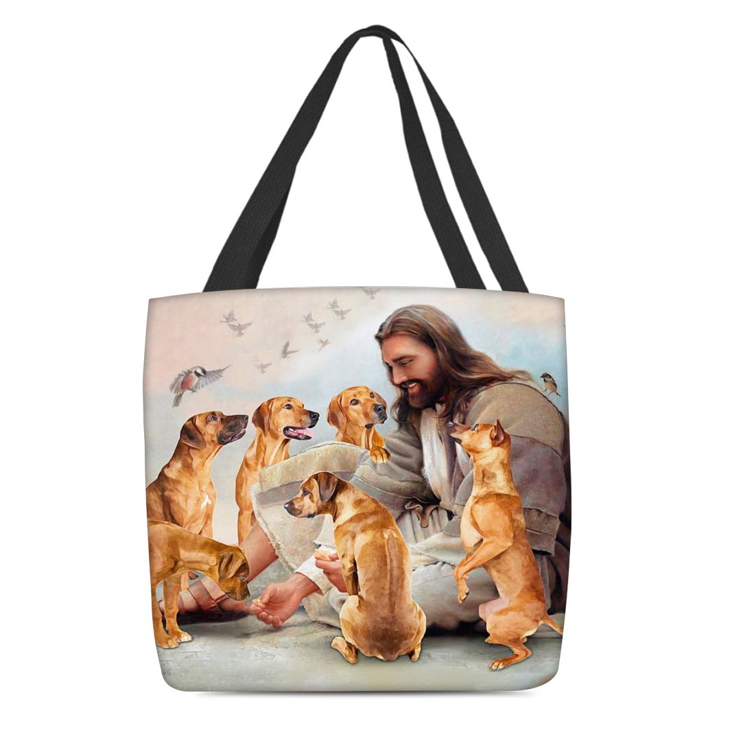 Jesus Surrounded By Rhodesian Ridgeback Dogs Tote Bag