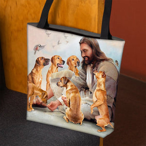 Jesus Surrounded By Rhodesian Ridgeback Dogs Tote Bag