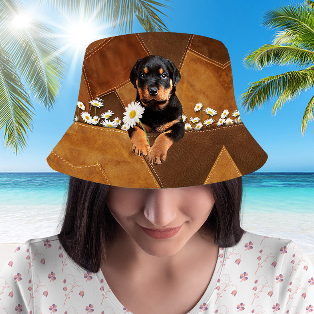 Rottweiler Holding Daisy Bucket Hat