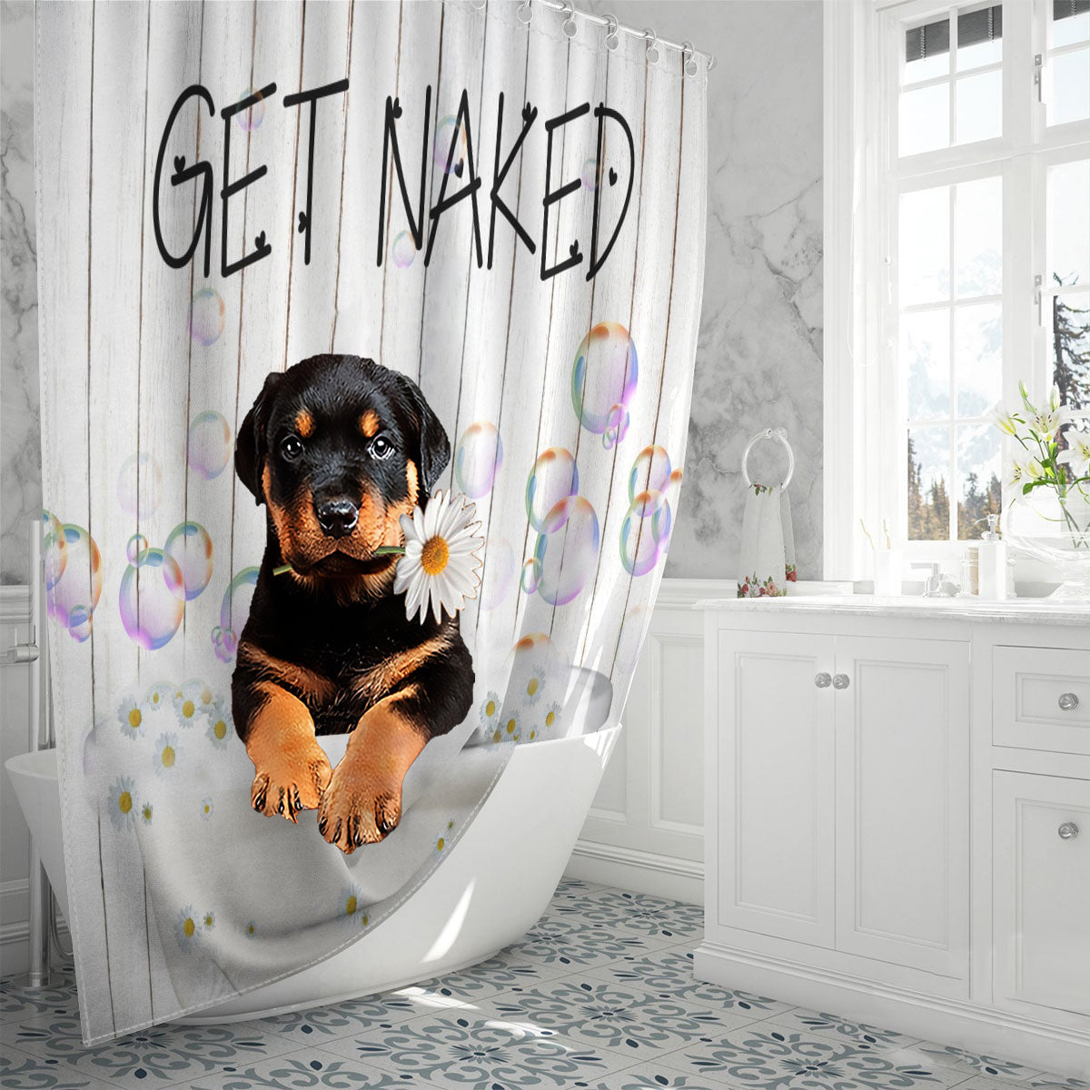 Rottweiler Get Naked Daisy Shower Curtain