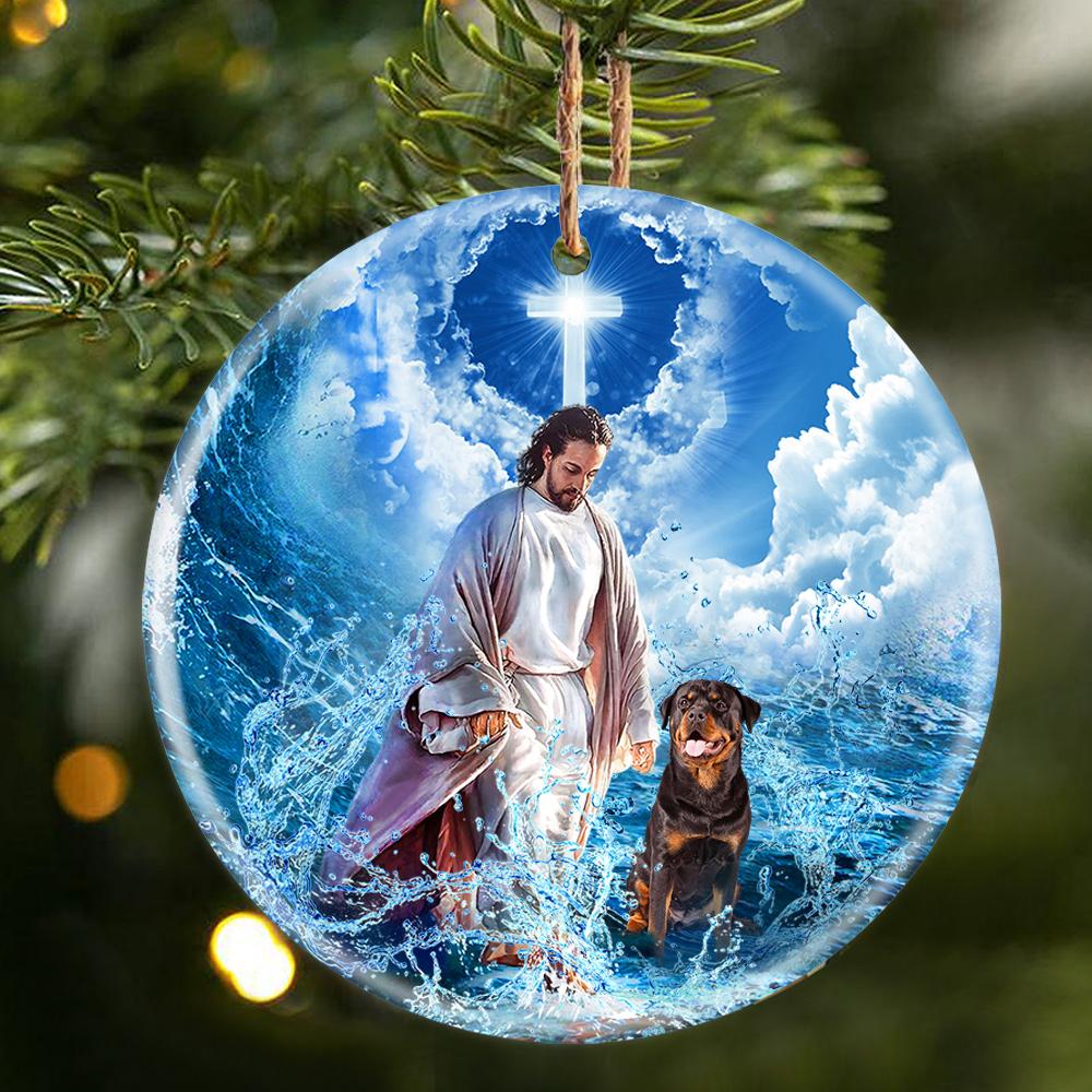 Rottweiler And God Walking On The Ocean Wave Porcelain/Ceramic Ornament