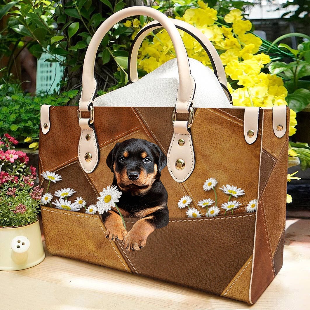 Rottweiler Holding Daisy Leather Bag