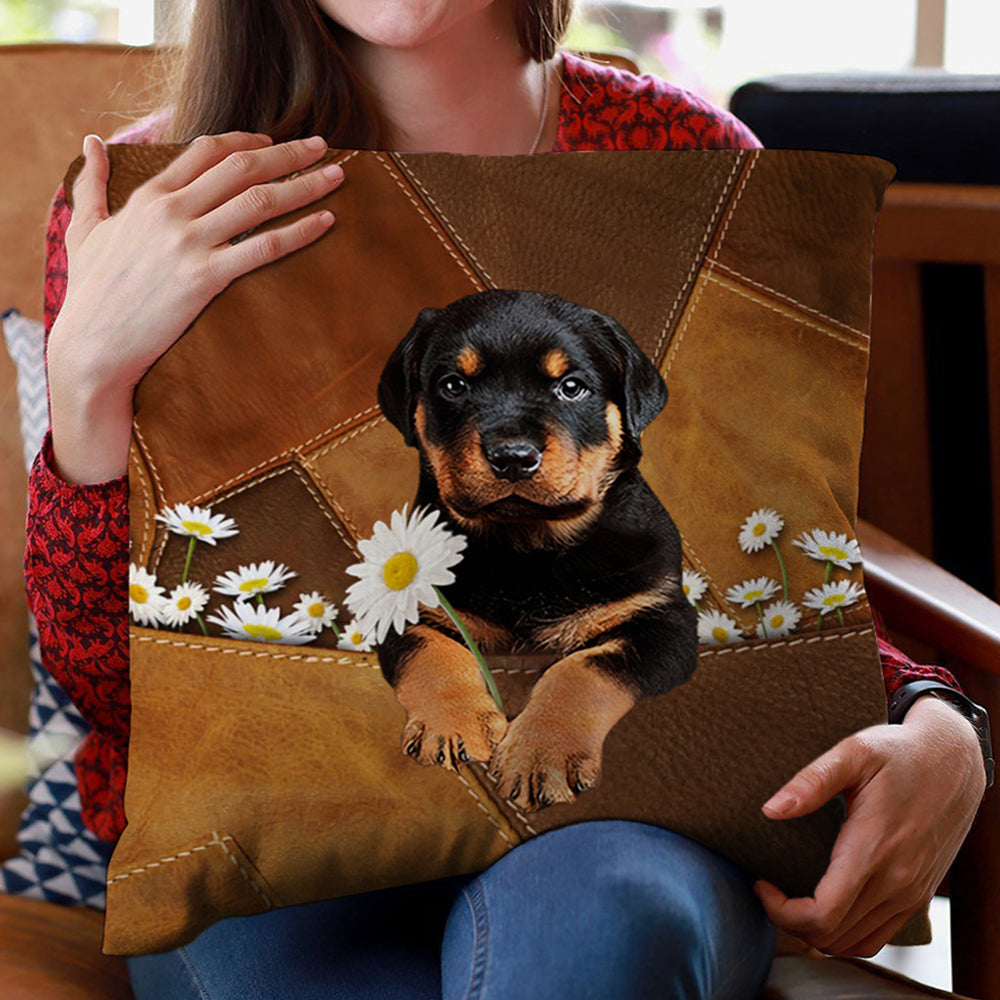 Rottweiler Holding Daisy Pillow Case
