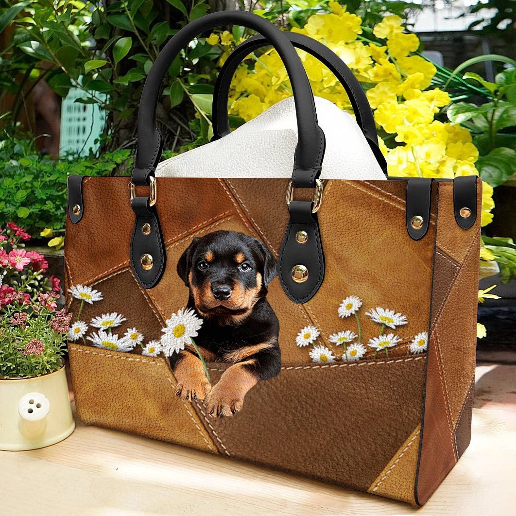 Rottweiler Holding Daisy Leather Bag