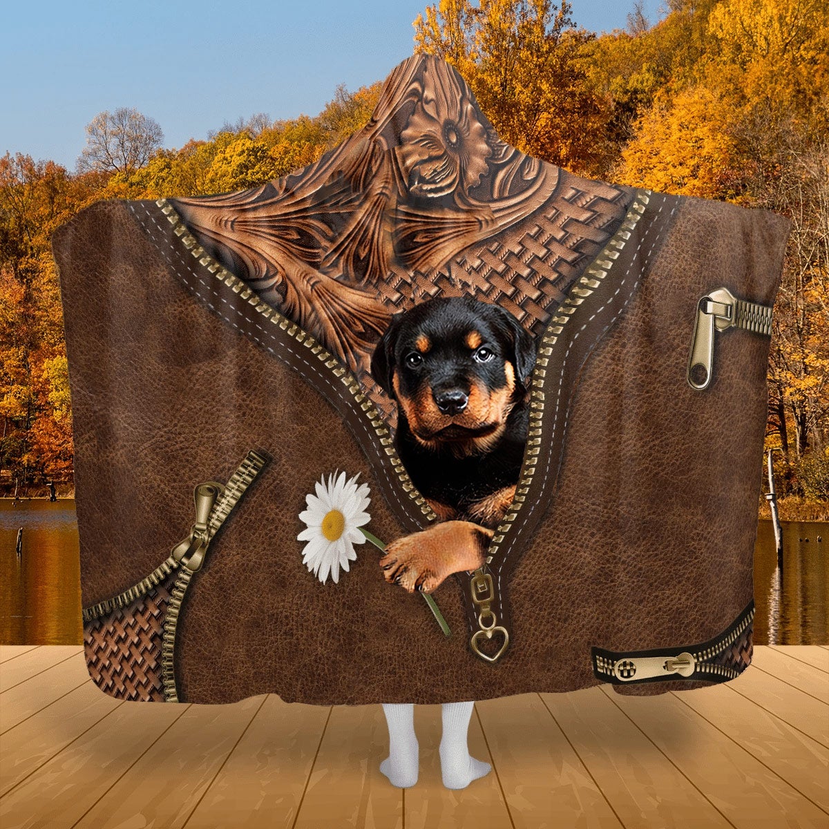 Rottweiler Holding Daisy Hooded Blanket