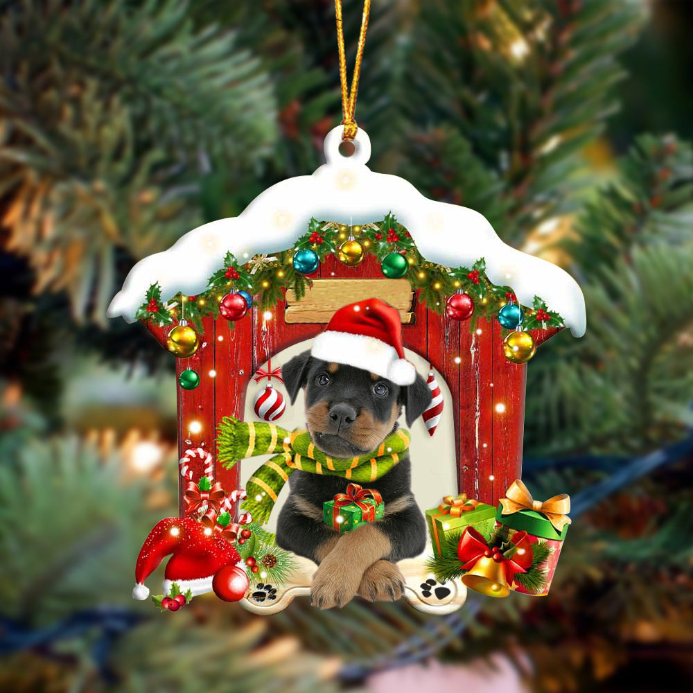 Rottweiler In Red Wood House Christmas Ornament