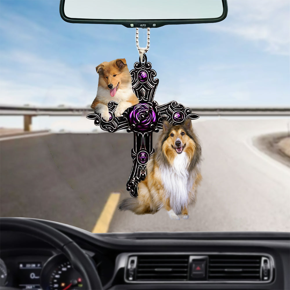 Rough Collie Pray For God Car Hanging Ornament