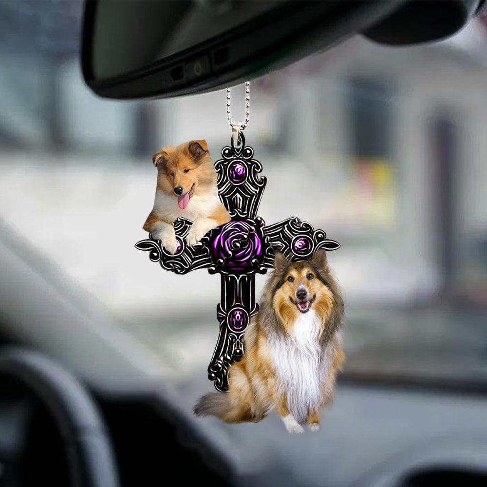 Rough Collie Pray For God Car Hanging Ornament