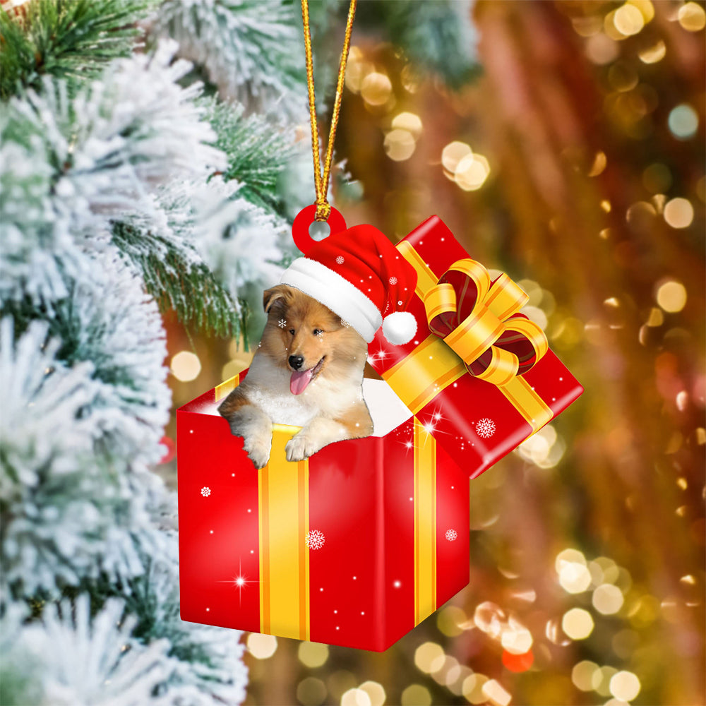 Rough Collie In Red Gift Box Christmas Ornament