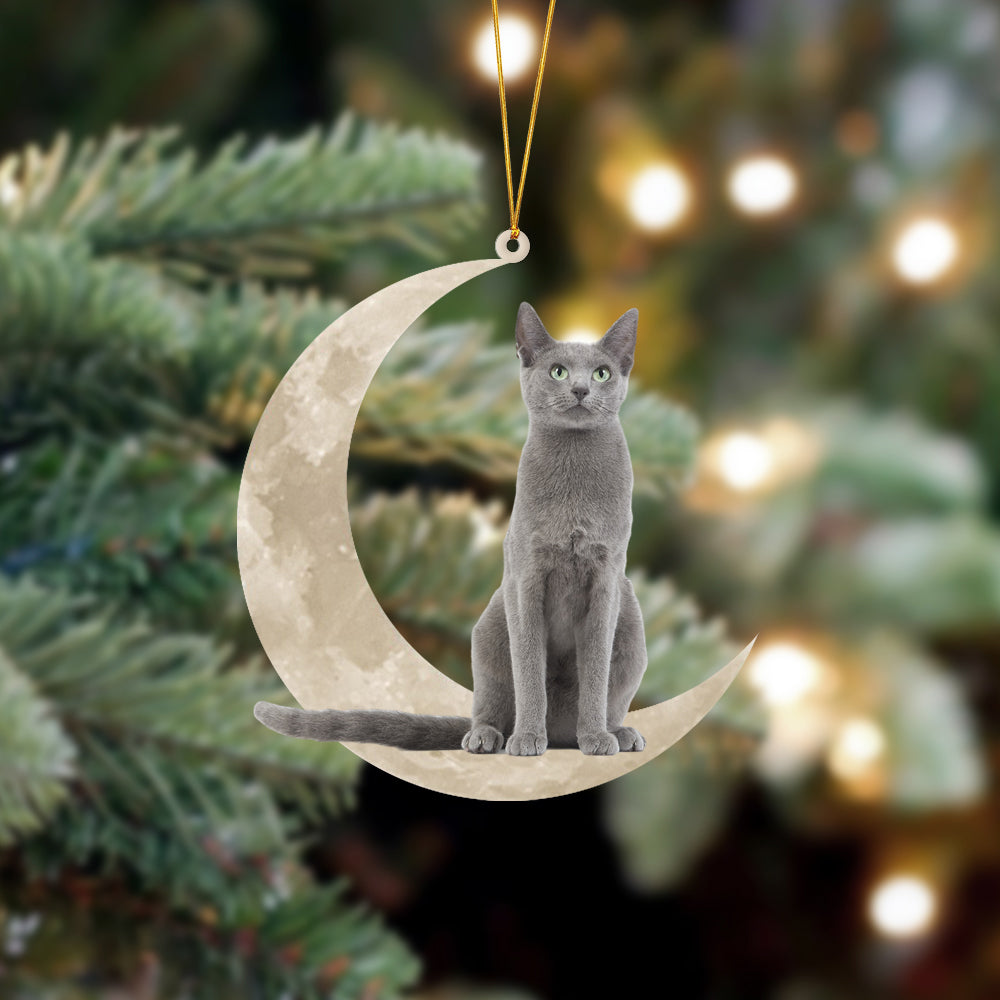Russian Blue Cat Sits On The Moon Hanging Ornament
