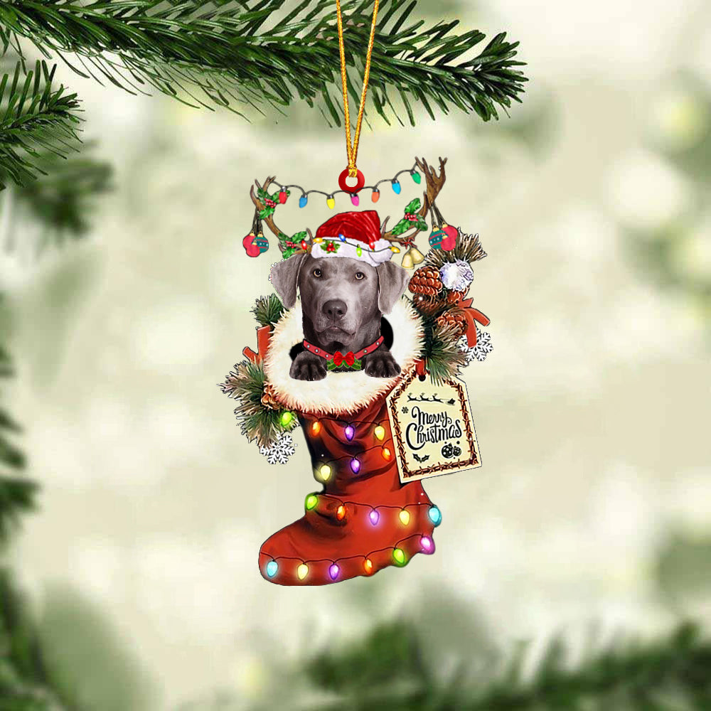 SILVER Labrador In Red Boot Christmas Ornament