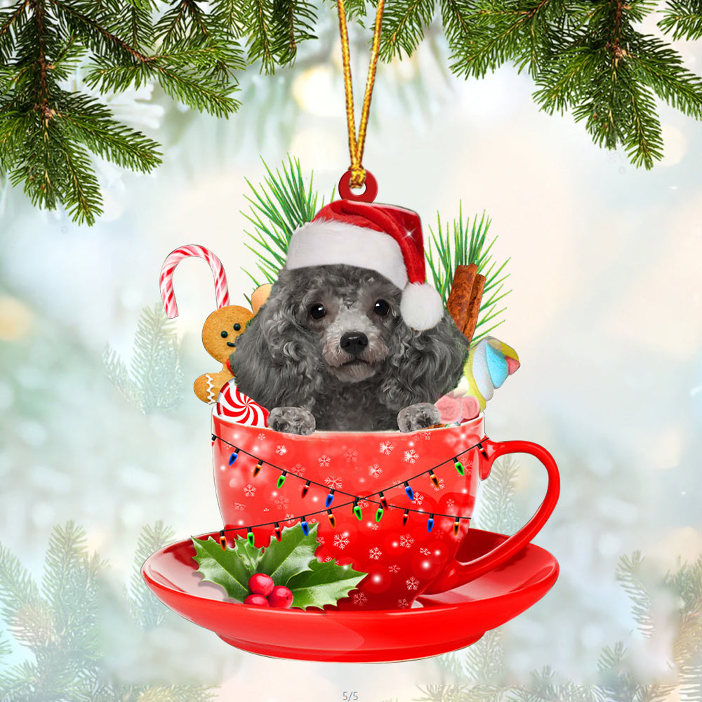 SILVER Miniature Poodle In Cup Merry Christmas Ornament