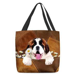 Saint Bernard Holding Daisy All Over Printed Tote Bag
