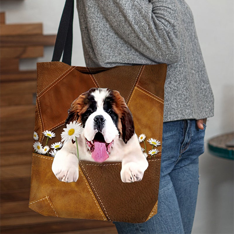 Saint Bernard Holding Daisy All Over Printed Tote Bag
