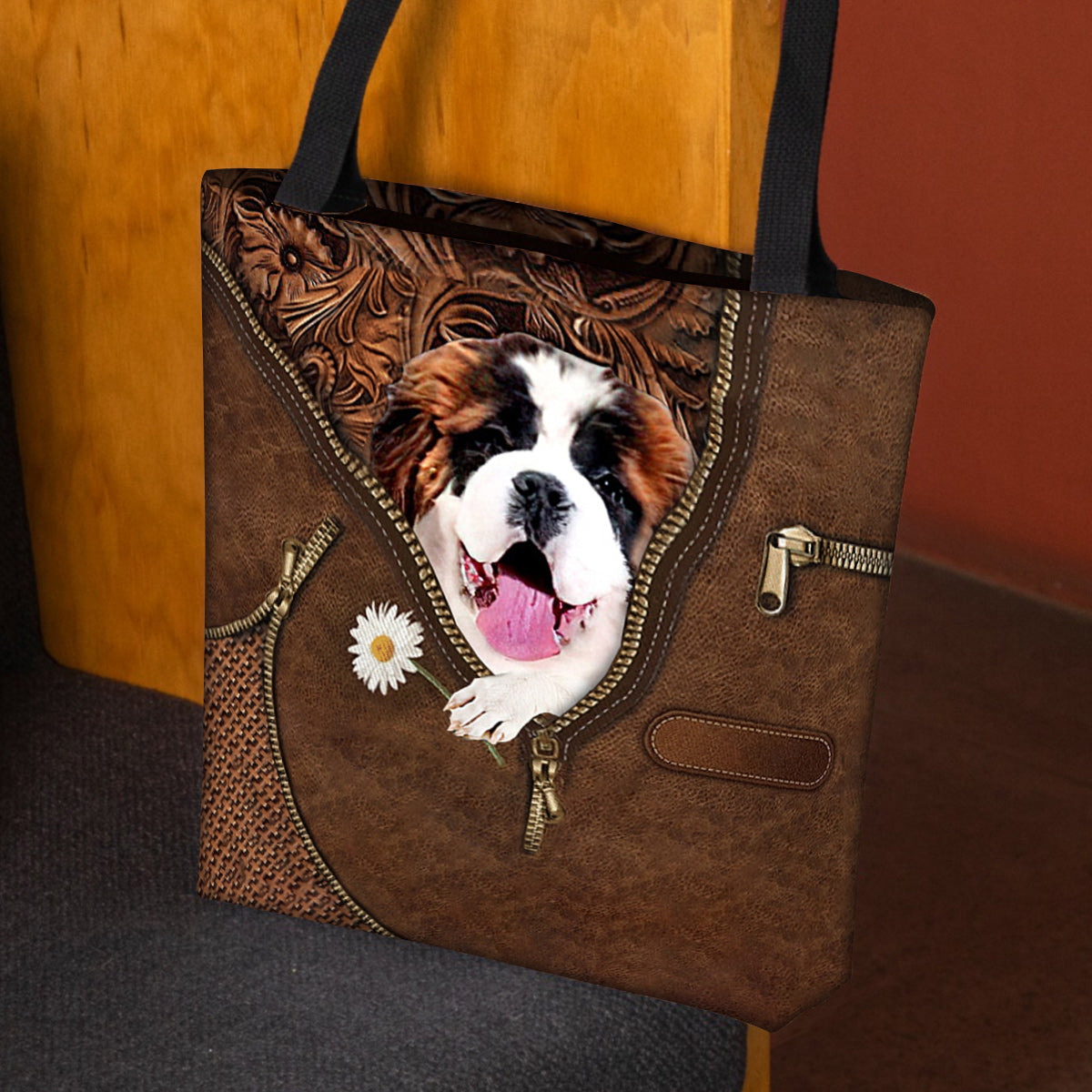 Saint Bernard Holding Daisy Tote Bag