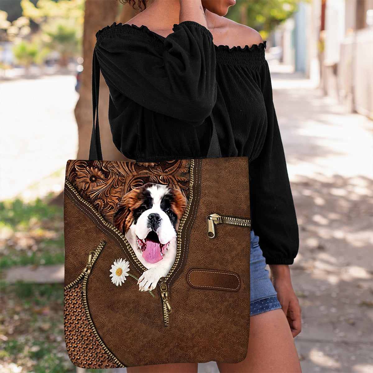 Saint Bernard Holding Daisy Tote Bag