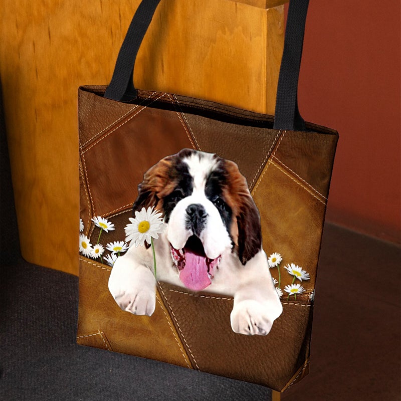 Saint Bernard Holding Daisy All Over Printed Tote Bag