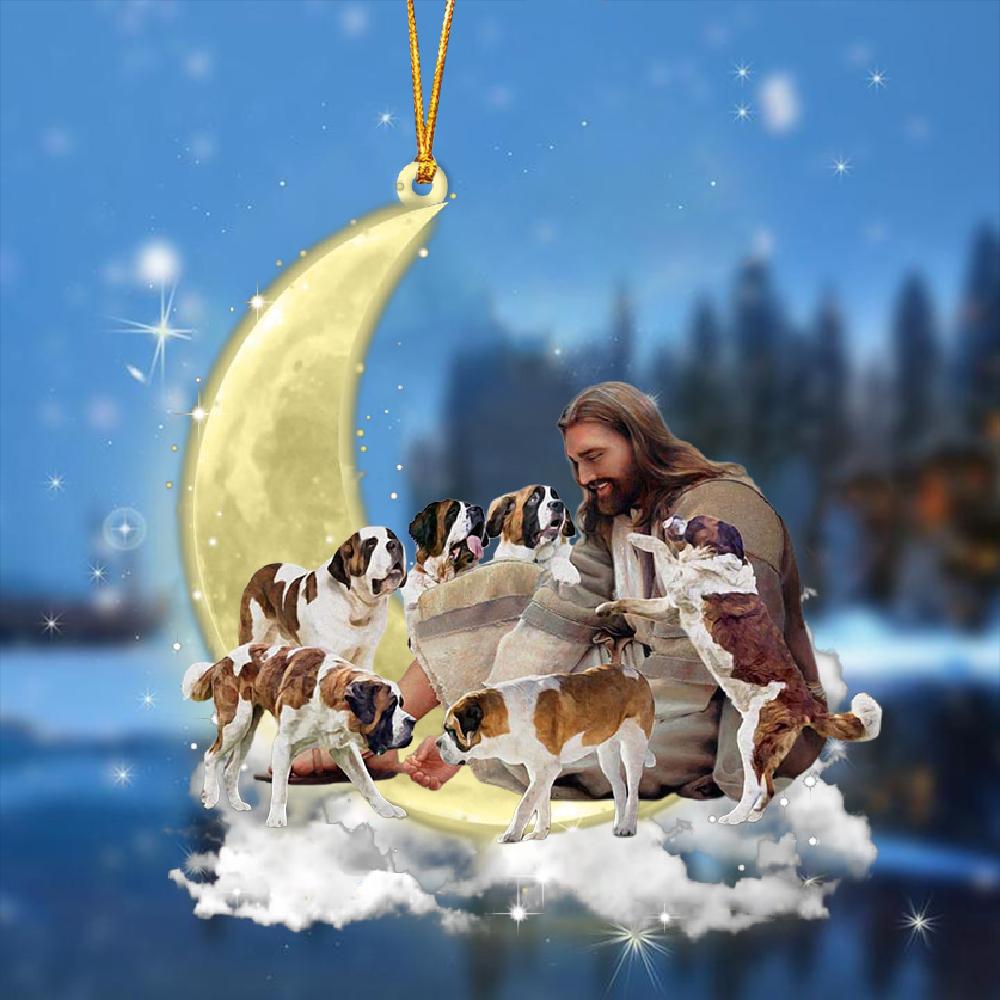 Jesus Surrounded By Saint Bernards On The Moon Ornament